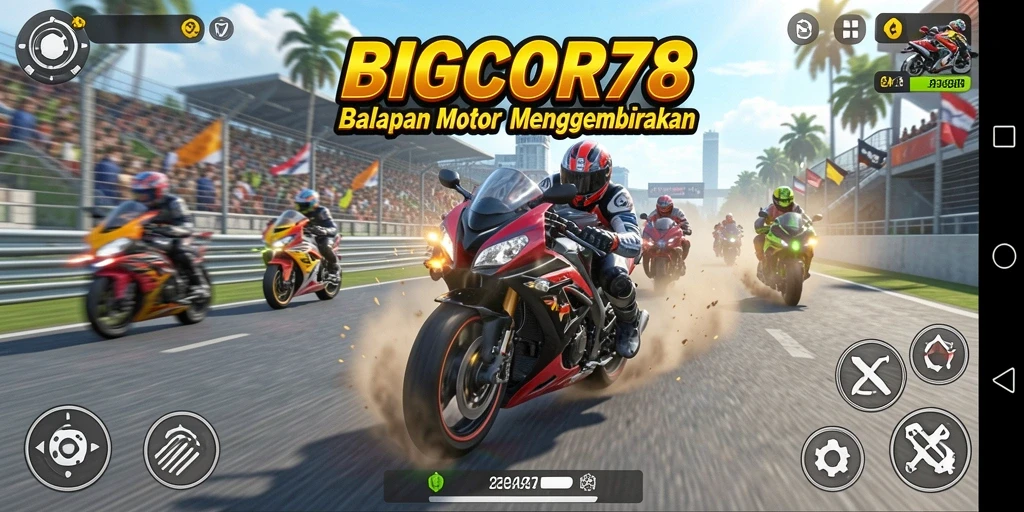 Tampilan gameplay mendebarkan dari BIGCOR78 dengan pembalap motor yang beraksi.